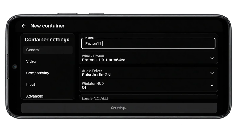 Winlator container configuration displayed inside an Android phone