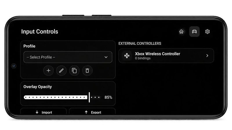 Input Controls screen with a profile selector and external-controller settings