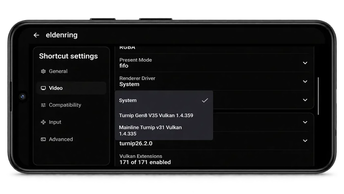 Graphics settings showing a renderer-driver selection menu
