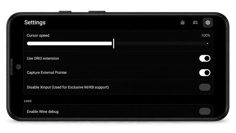 Winlator container configuration displayed inside an Android phone